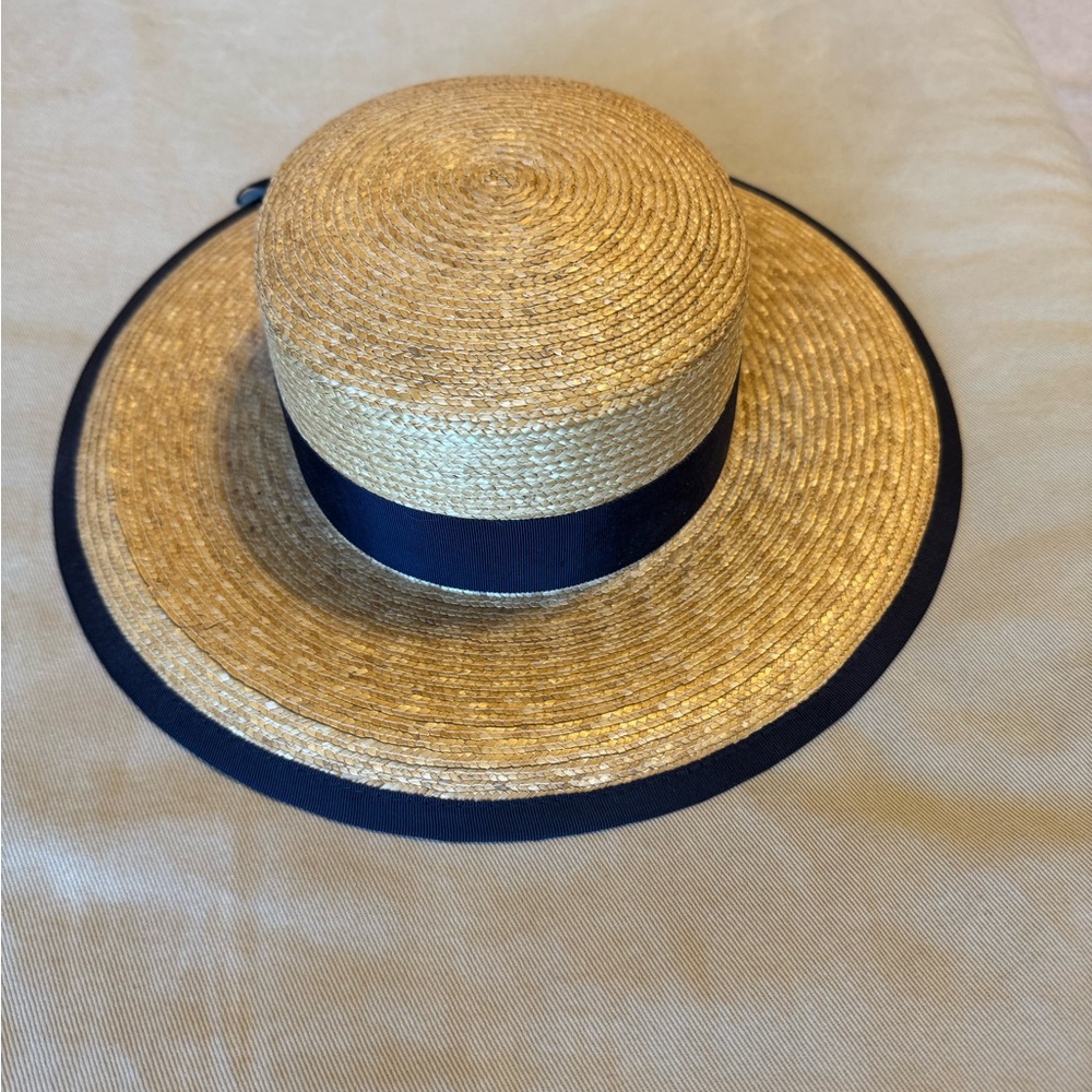 Laura Ashley Natural Straw Sun Hat with Navy Ribbon Trim - Picture 2 of 7